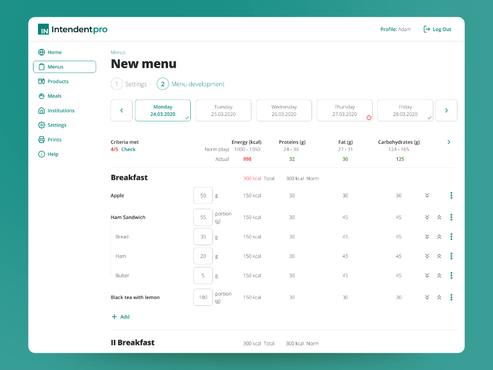 Intendent Pro menu creator interface