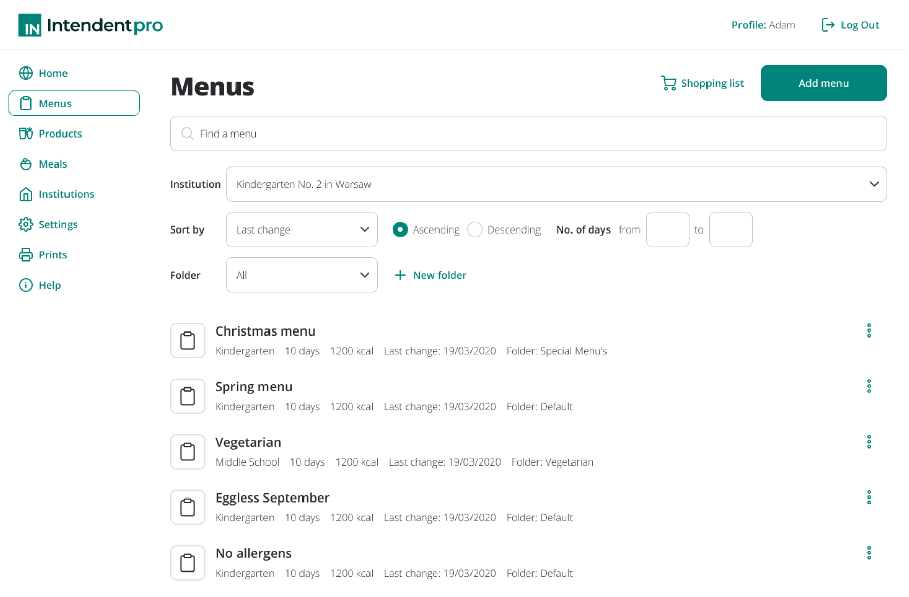 Intendent Pro meal planner UI screens