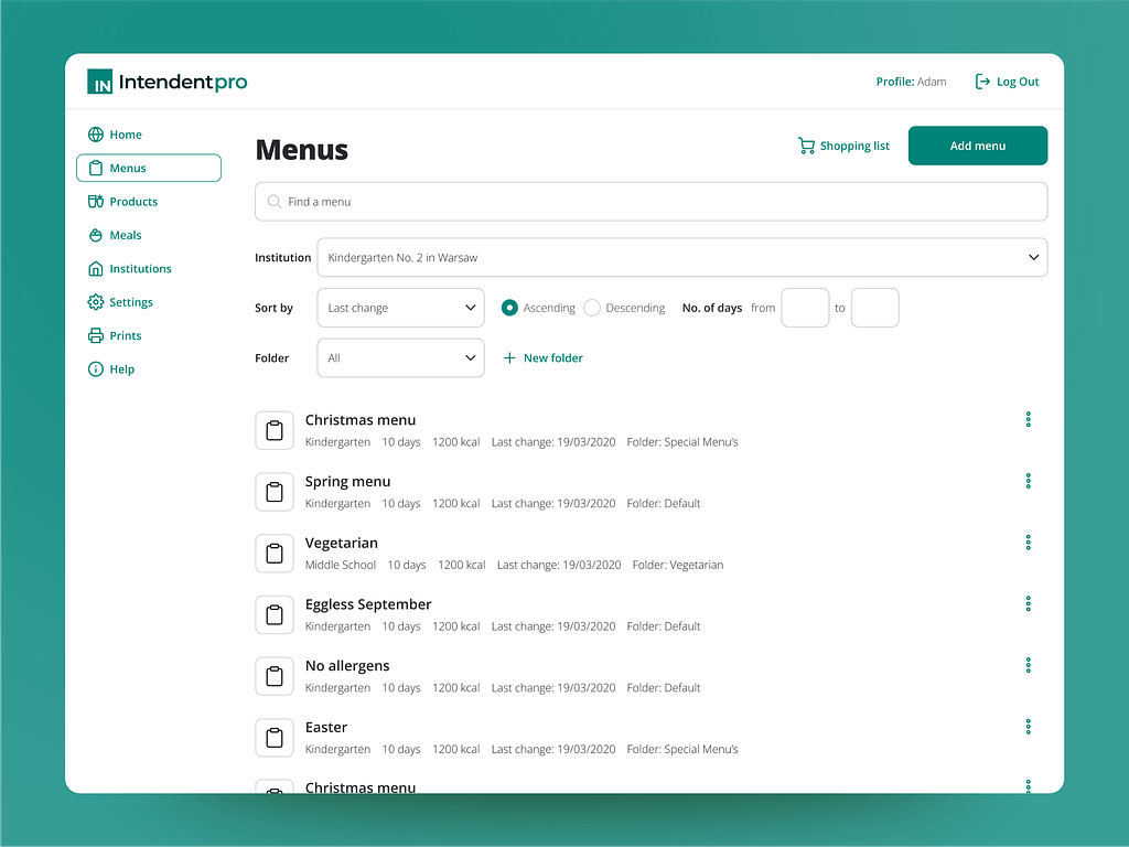 Intendent Pro menu list interface